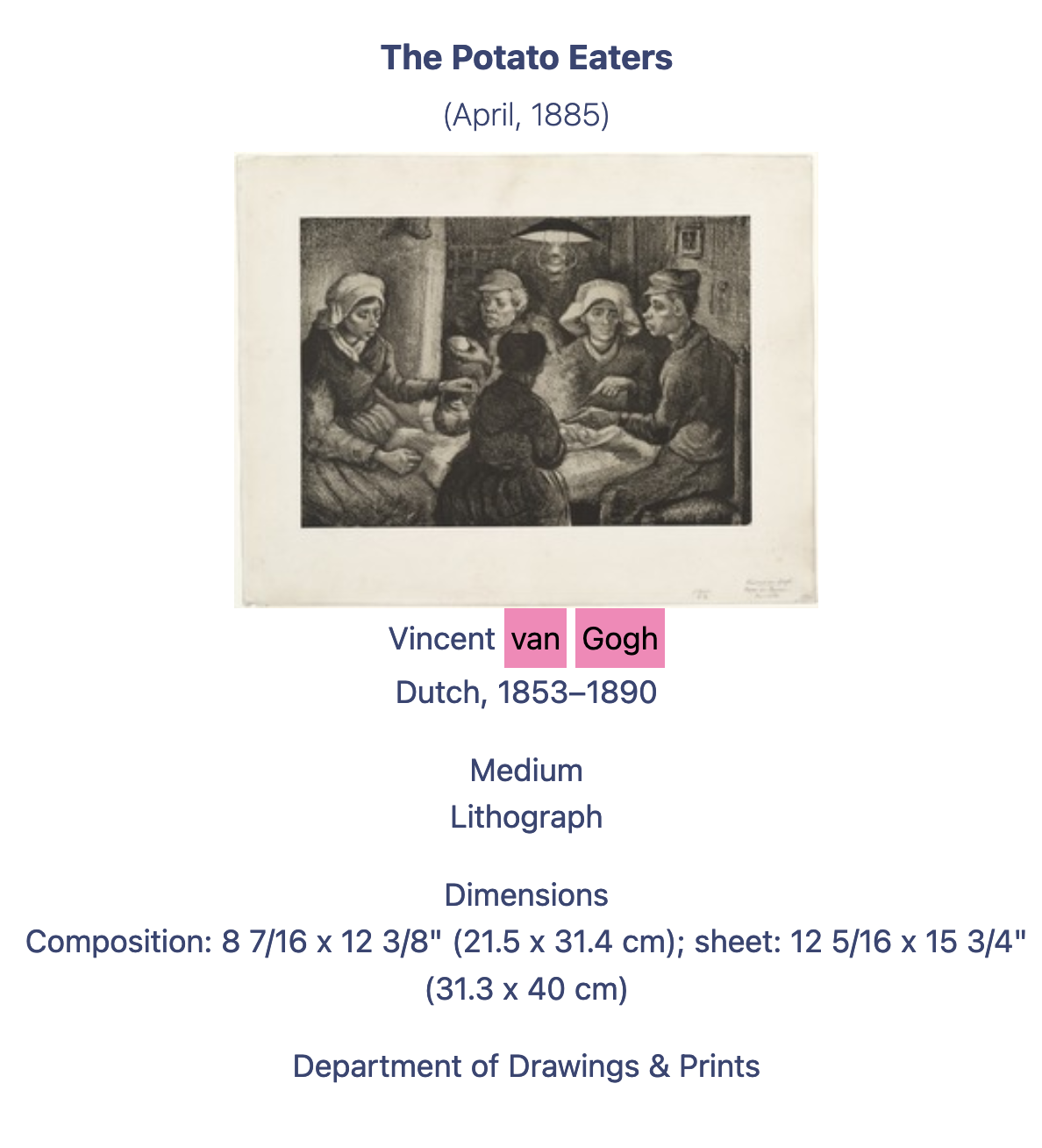 Information and image of the litograph "The Potato Eaters" by Vincent van Gogh