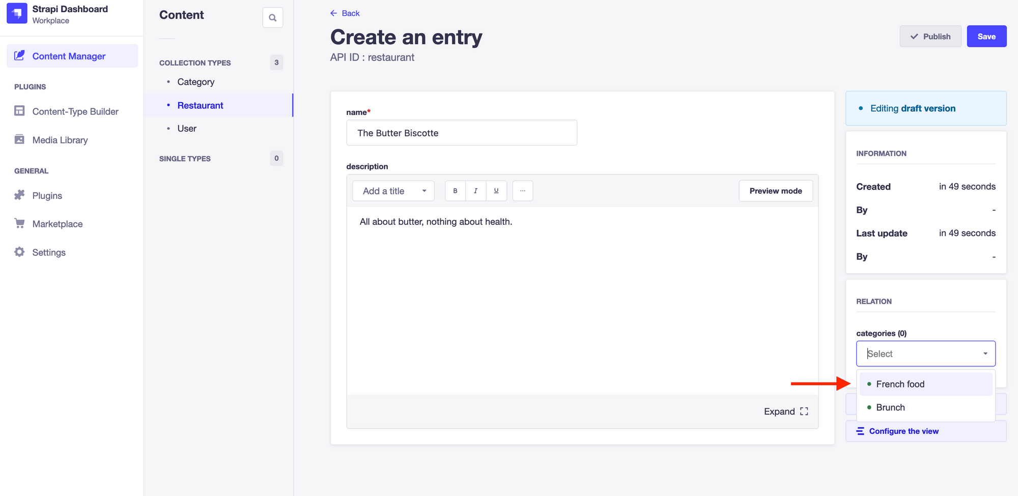 Strapi dashboard: create an entry form, arrow indicating the location of the categorie's location in the right side menu