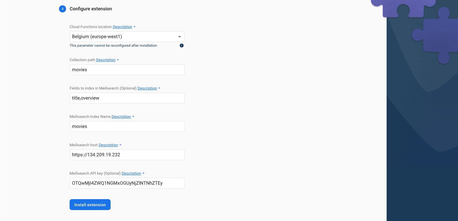 Configuring the Meilisearch extension in Firebase