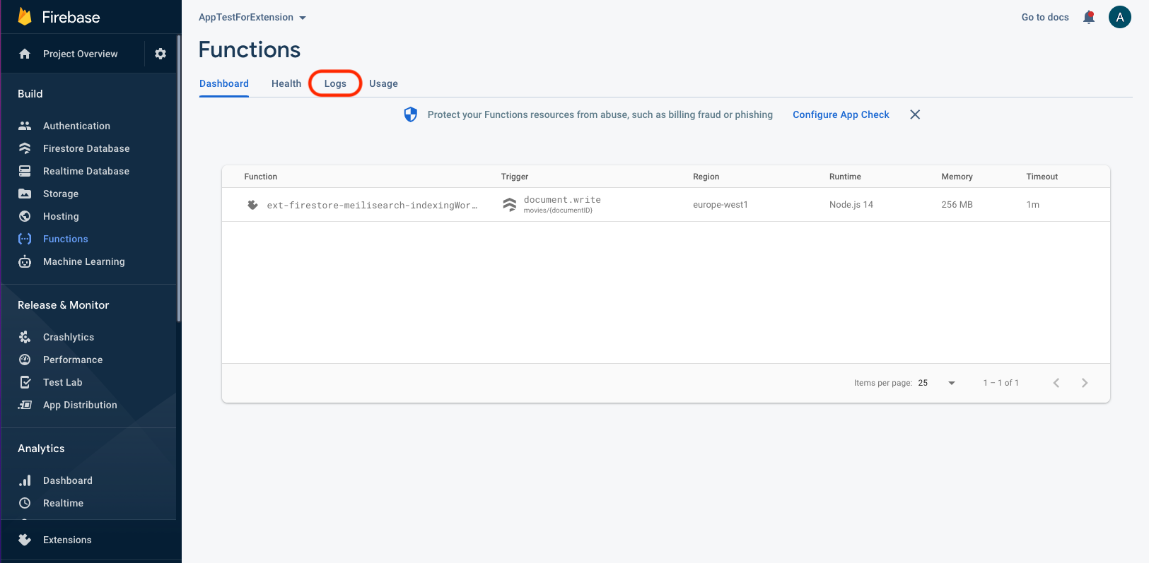 Finding the Logs tab in the Function menu of Firebase