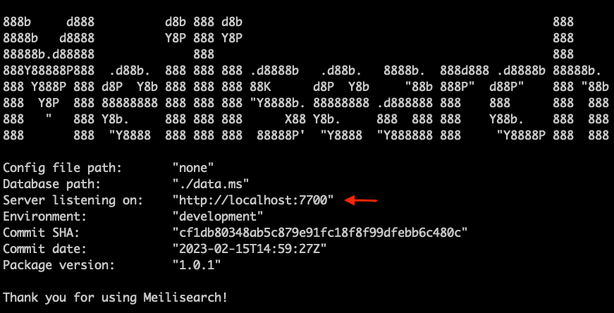Meilisearch startup message, arrow pointing the location of the address