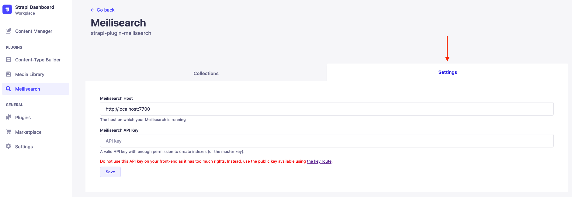 Strapi dashboard with Meilisearch plugin selected: arrow pointing to the location of the settings tab