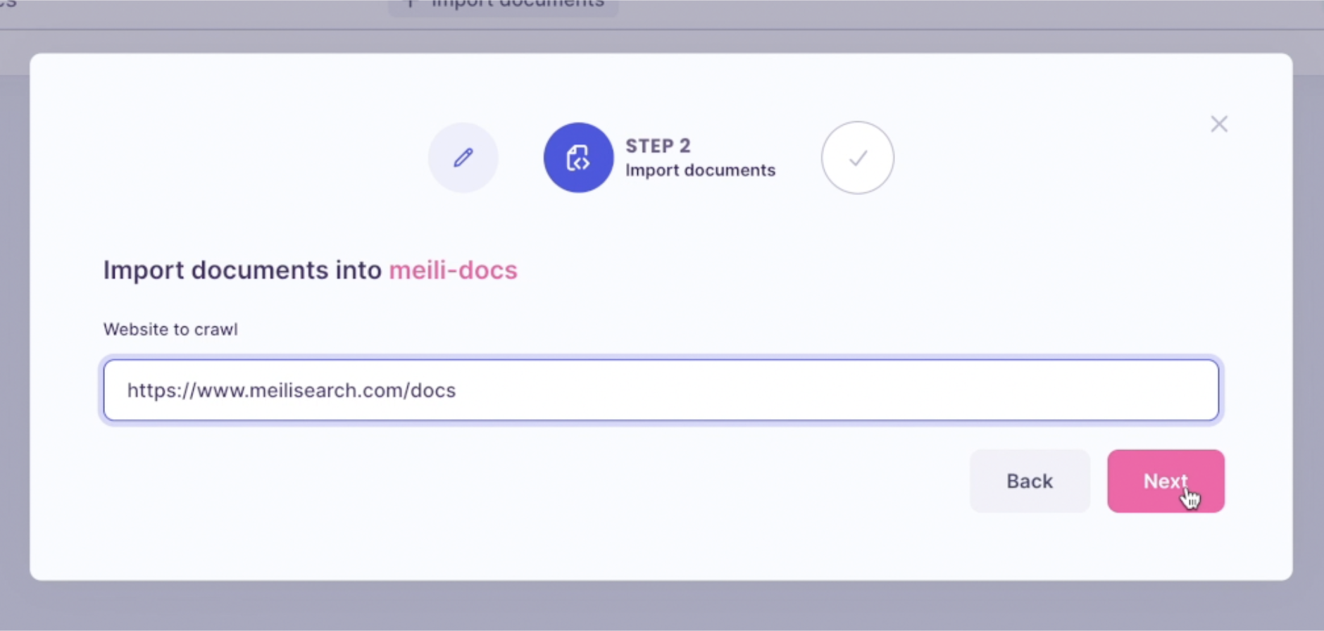 Step 2 of Create Index form: Import documents using a crawler by pasting the website URL