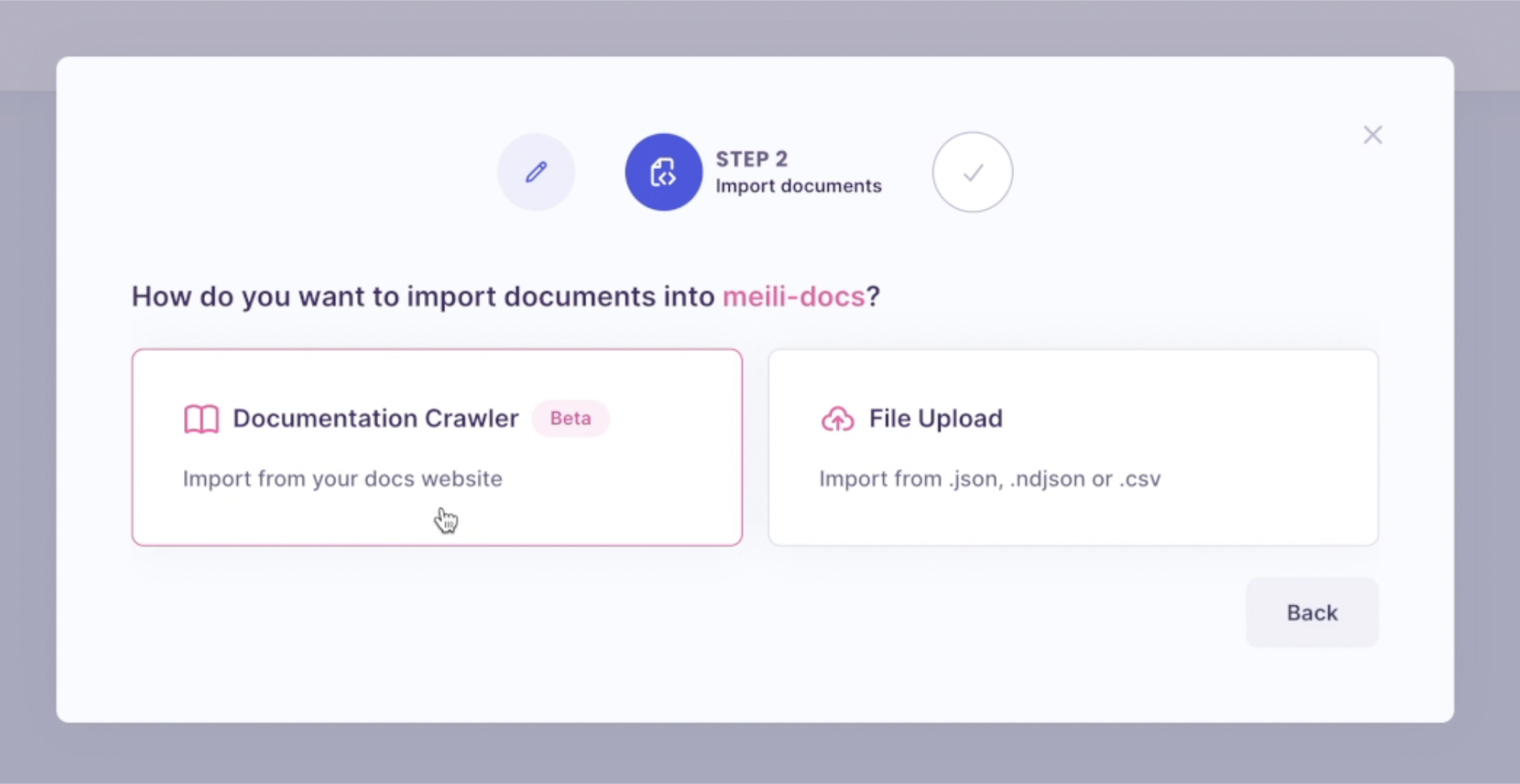 Step 2 of Create Index form: Import documents via crawler or file upload.