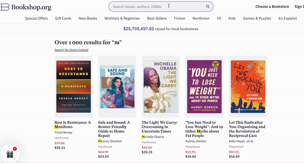 Search results page from Bookshop.org, displaying over 1000 results for "m", and refining as the user keeps typing in the search bar
